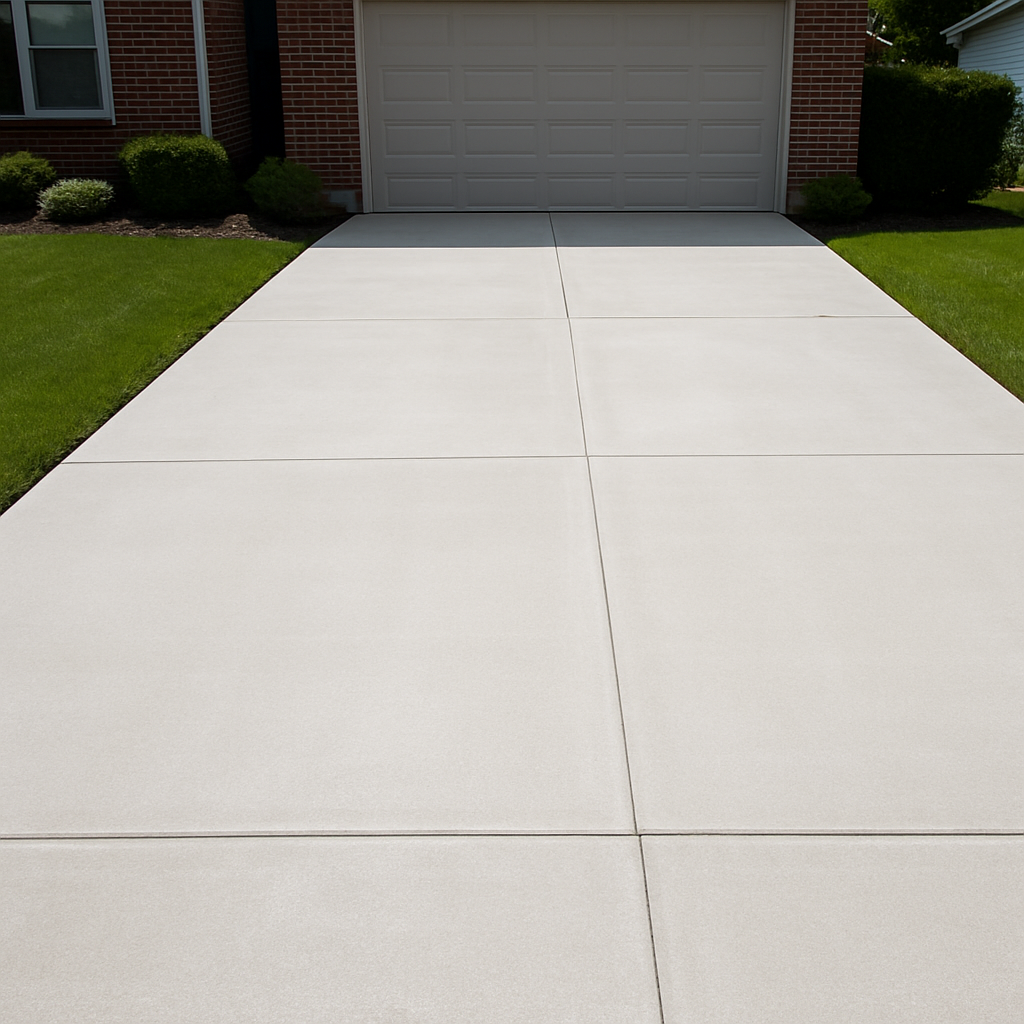 A spotless, freshly cleaned concrete driveway after pressure washing