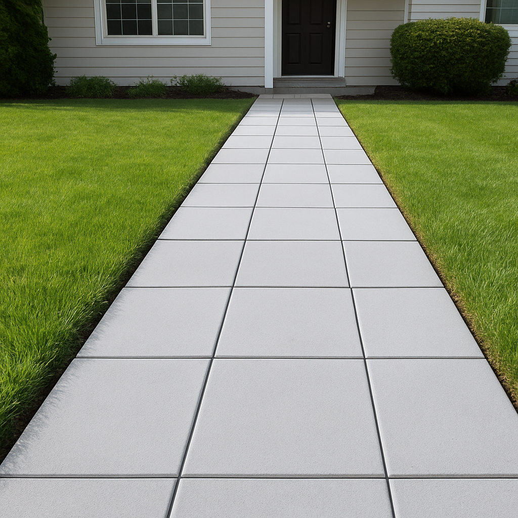 A bright, freshly cleaned concrete walkway after pressure washing