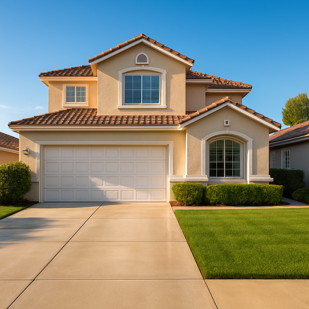A freshly pressure-washed home with a spotless driveway in Riverside, California