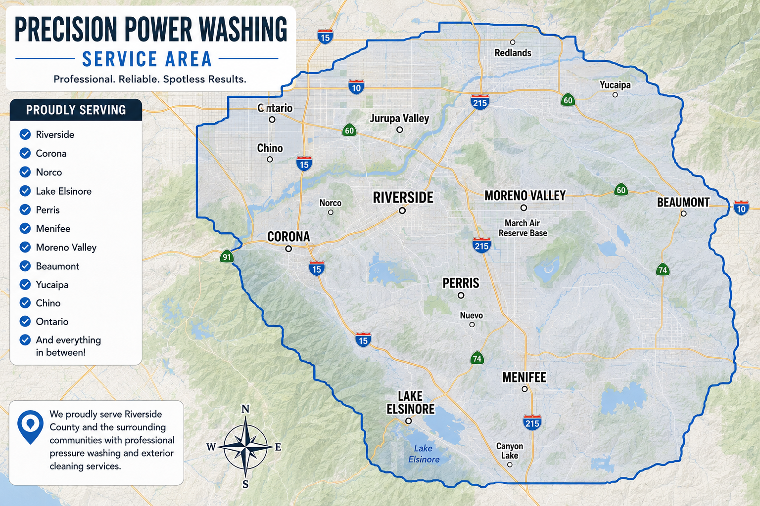 Map of the Precision Power Washing service area covering Riverside County and surrounding cities